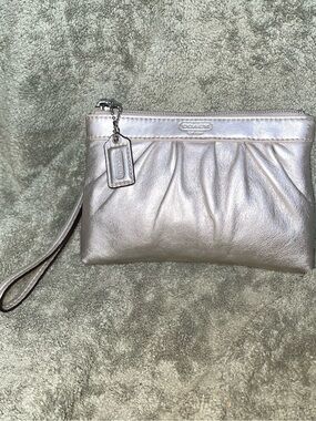 Coach Metallic Pale Silver Leather Wristlet Clutch